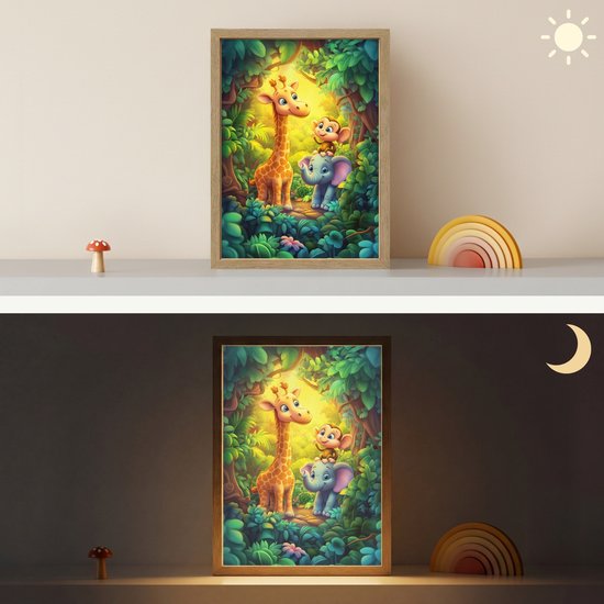 Nachtlampje 30x40 cm - Kinder lamp - Dieren - Jungle - Giraf - Olifant - Aapje - Tafellamp kinderkamer draadloos - Slaapkamer lampje - Bedlamp kinderen - Kinderlampje - Wandlamp babykamer - Nachtlampjes van OnlyWow — afbeelding 4