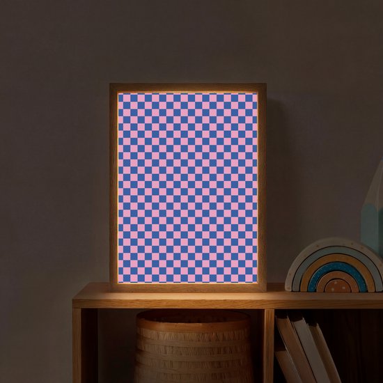 Nachtlampje 30x40 cm - Kinder lamp - Dambord - Blauw - Patroon - Roze - Tafellamp kinderkamer draadloos - Slaapkamer lampje - Bedlamp kinderen - Kinderlampje - Wandlamp babykamer - Nachtlampjes van OnlyWow — afbeelding 2