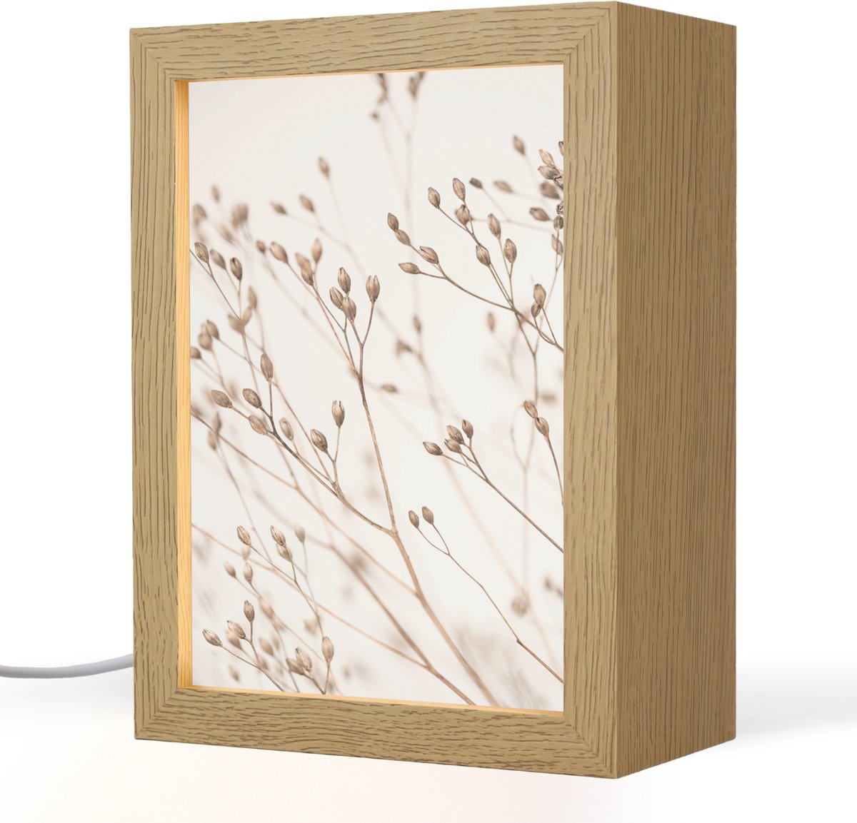 Tafellamp 15x20 cm - LED lamp - Natuur - Planten - Tak - Wit - Bruin - Droogbloemen - Decoratieve tafellampen - Dimbaar - Tafellampje slaapkamer - Woonkamer binnen