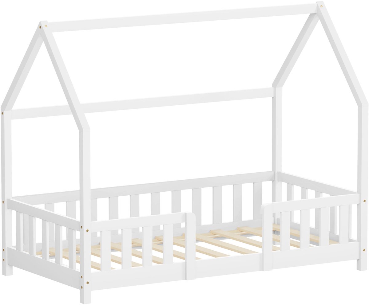 ml-design kinderbed montessori 80x160 cm met valbeveiliging houten huisbed voor meisjes en jongens massief grenenhout wit dak lattenbodem duurzaam jeugdbed peuterbed juniorbed veilig en laag kinderbed slaapplaats kinderkamer bedframe