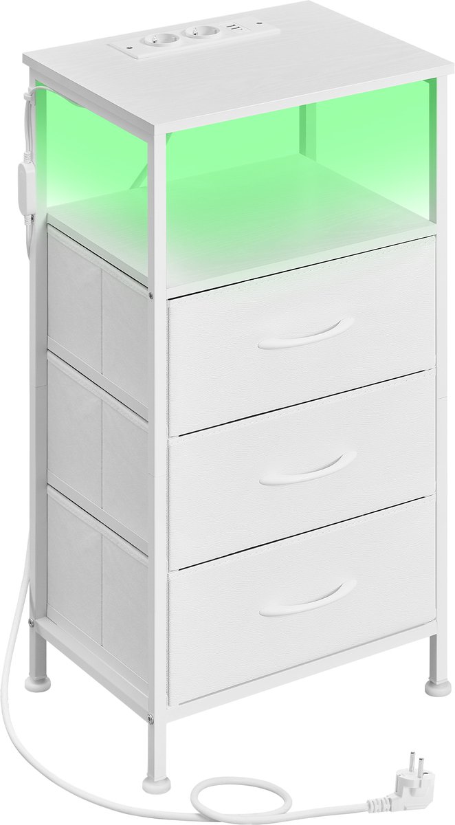 Songmics Nachtkastje - Met LED-verlichting - 3 Lades - Open Vak - Met Oplaadstation Wit