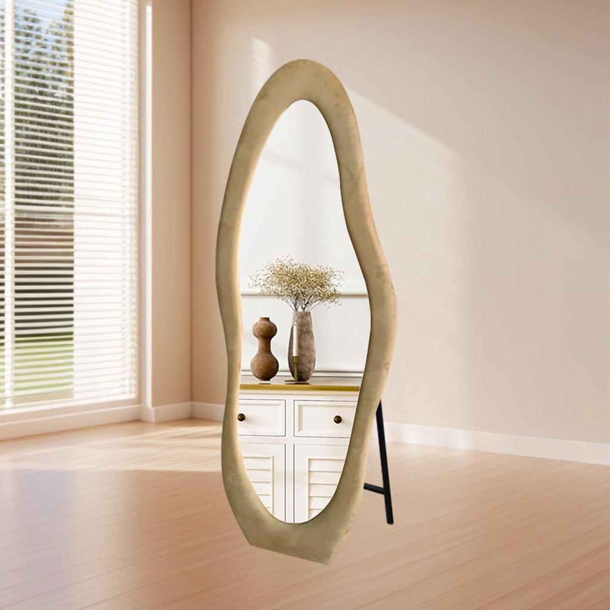 LoXa Passpiegel Velanto Taupe – 160x60 cm – Alleen Staand – Velvet Frame – HD Glas – Luxe Volledige Lichaam Spiegel