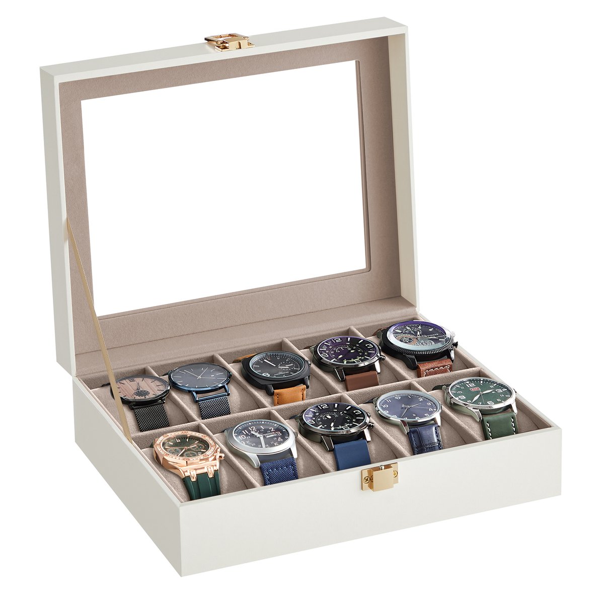 SONGMICS - Horloge Doos - Met 10 Vakken - Glazen Deksel - Uitneembare Horlogekussens