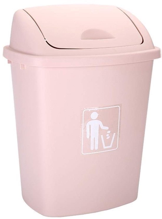Roze vuilnisbak met deksel en een icoon van een persoon die afval weggooit.