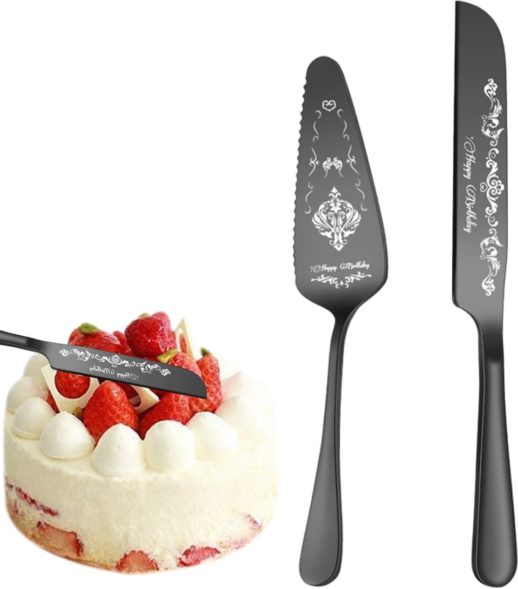 Taart Serveerset - Dessert Set - Feestelijke Taart Snijden - Elegante Gravering - 28 cm - Zwart