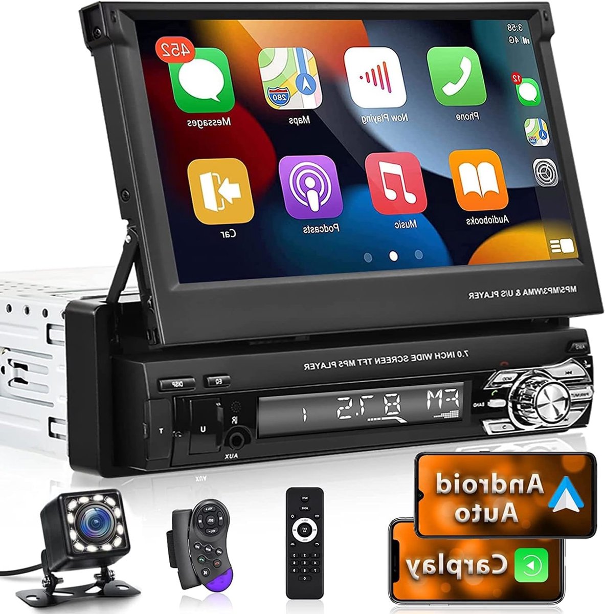 1 DIN Autoradio – Apple CarPlay Autoradio – Android Auto Radio – Bluetooth Handsfree Radio – FM USB AUX Radio – Uitschuifbaar 7 Inch Touchscreen – Waterdichte Achteruitrijcamera