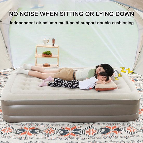 Zelfopblazend luchtbed - Opblaasmatras verhoogd - Kamperen logeren reizen - Ingebouwde pomp 450kg - 198x152x40 cm - Kaki — afbeelding 4