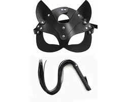 Cat Masker en Zweep Set Zwart Leer - Kattenmasker met Flogger - BDSM Accessoires Set - Fetish Masker en Whip Kit - One Size - Rollenspel Set - La Nuita