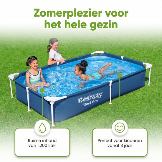 Blauw rechthoekig Bestway Steel Pro zwembad met twee meisjes en een vrouw erin.