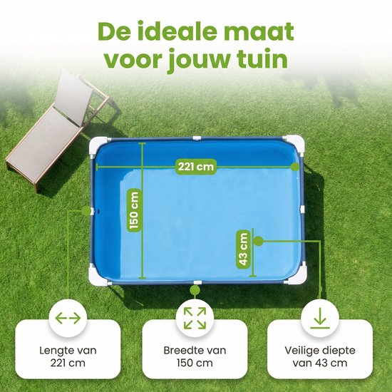 Overzicht van het Bestway Steel Pro zwembad met afmetingen: 221 cm lengte, 150 cm breedte, 43 cm diepte.