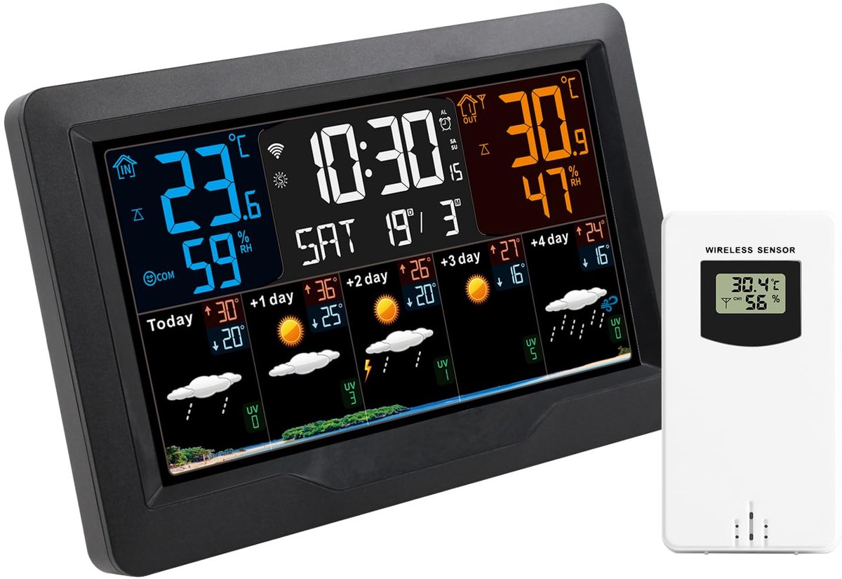 Digitaal Weerstation - Klok Luchtvochtigheidsmeter - Binnen Buiten - Groot Kleurenscherm - 20.5 x 13 x 3 cm