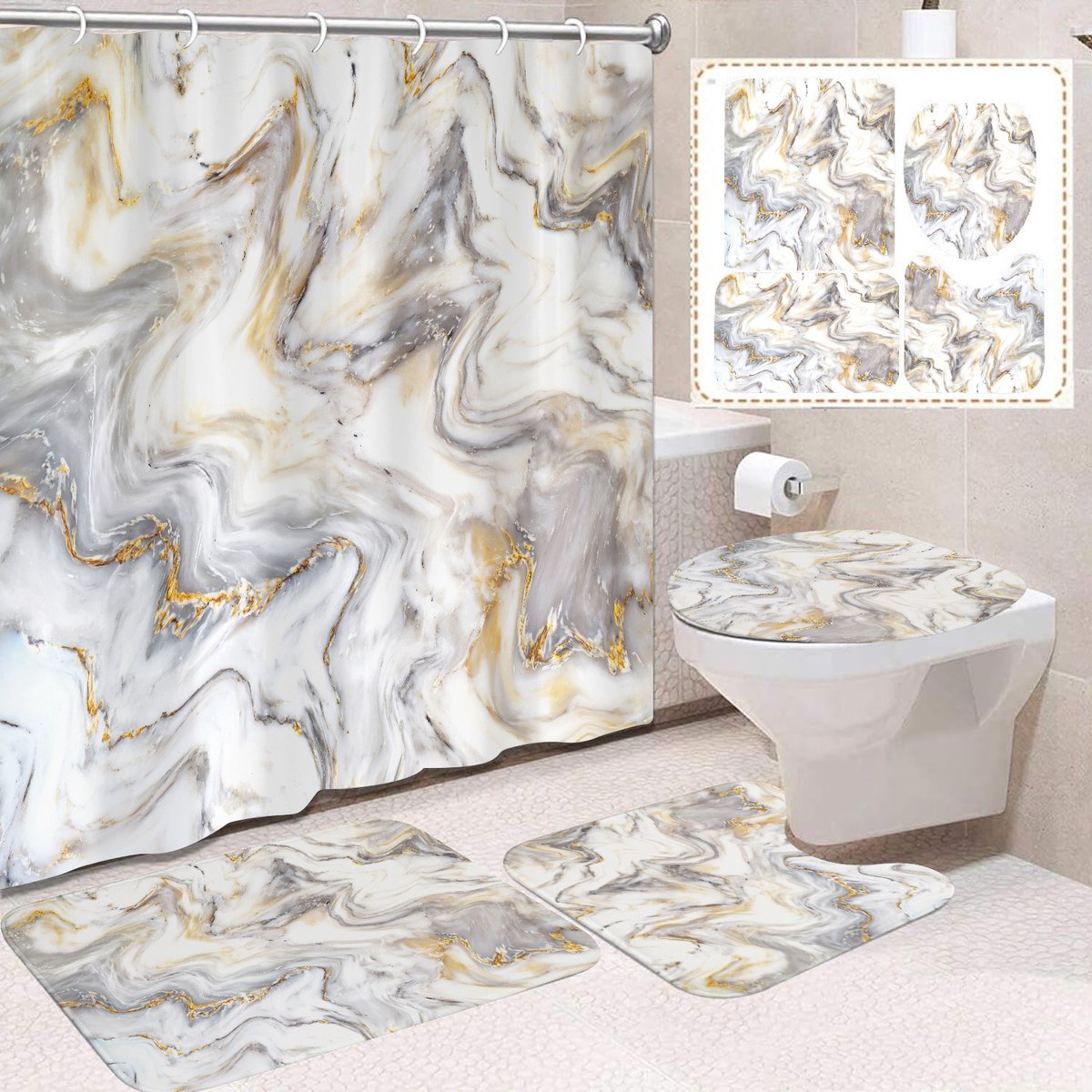 4-delige Marmeren Badkamerset - Gouden Abstract Zilver - Douchegordijn, Badmat & Toiletdeksel-Belle's product