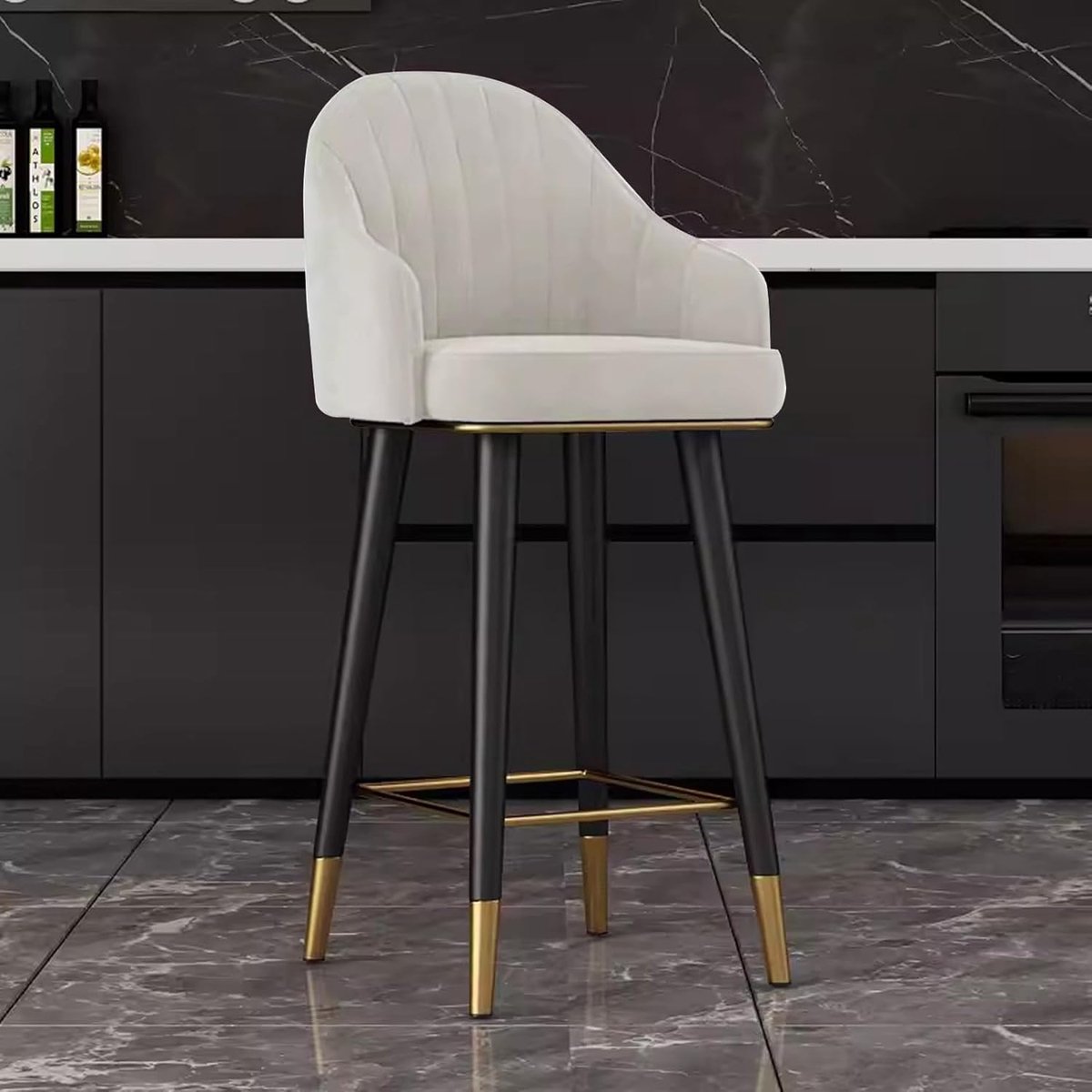 Draaibare Barkruk - Fluwelen Stoel - Keuken Bar - Met Rugleuning - Zithoogte 75cm - Wit