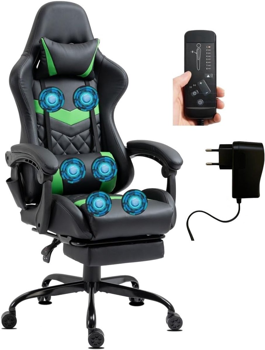 Comfortabele Stoel - Directiestoel Bureaustoel - Thuiswerken Gamen - 6-punts Massagefunctie - 52 x 52 x 132 cm - Groen