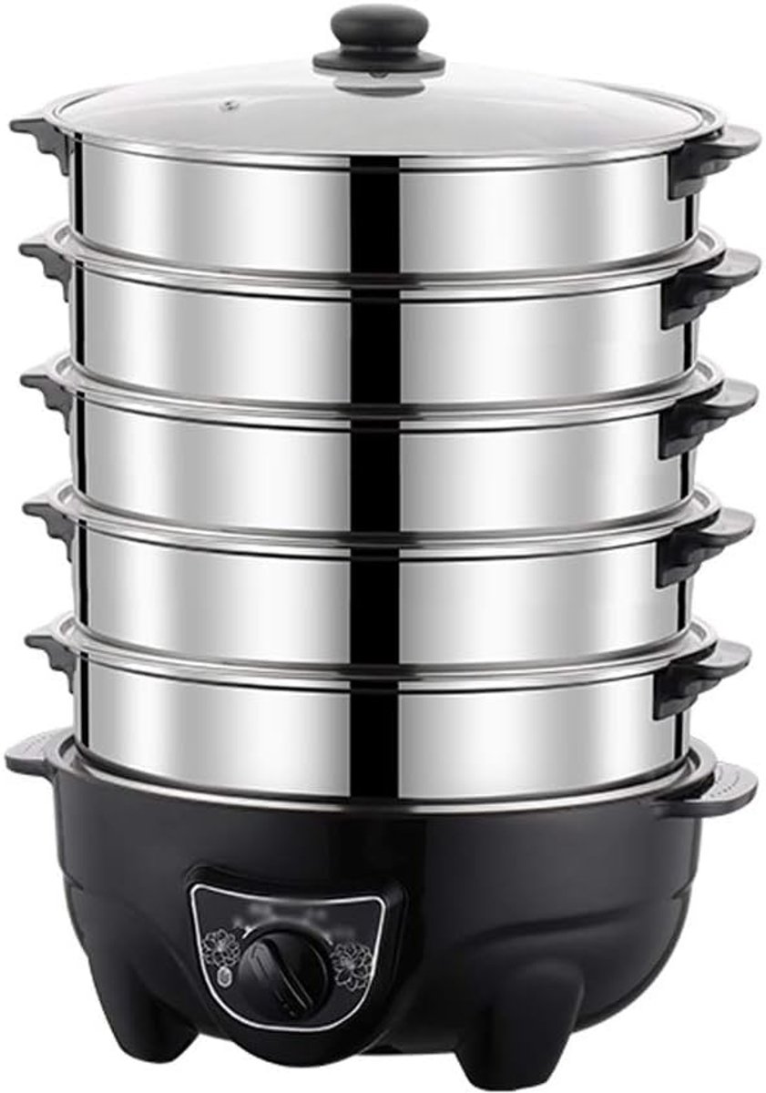 Elektrische Stoompan Voedselwarmer Koker Gezond Koken 5 Lagen Instelbaar 2.5 kg Gewicht Zwart