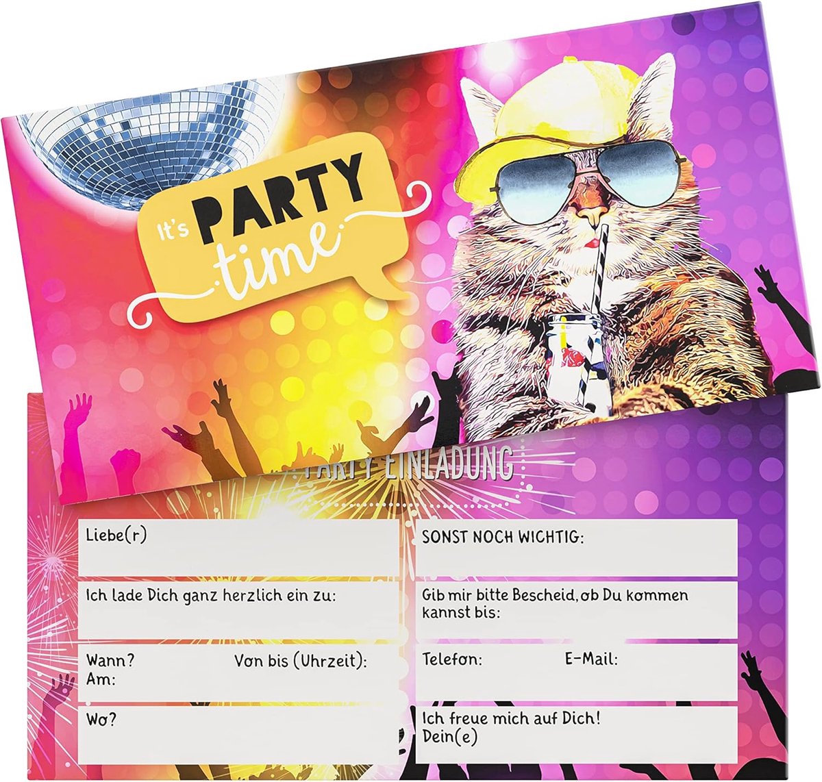 Uitnodigingen Verjaardag - Feestkaarten - Kinderfeestje Organiseren - Grappige Kattenprint - 30 Kaarten + Enveloppen - Multicolor