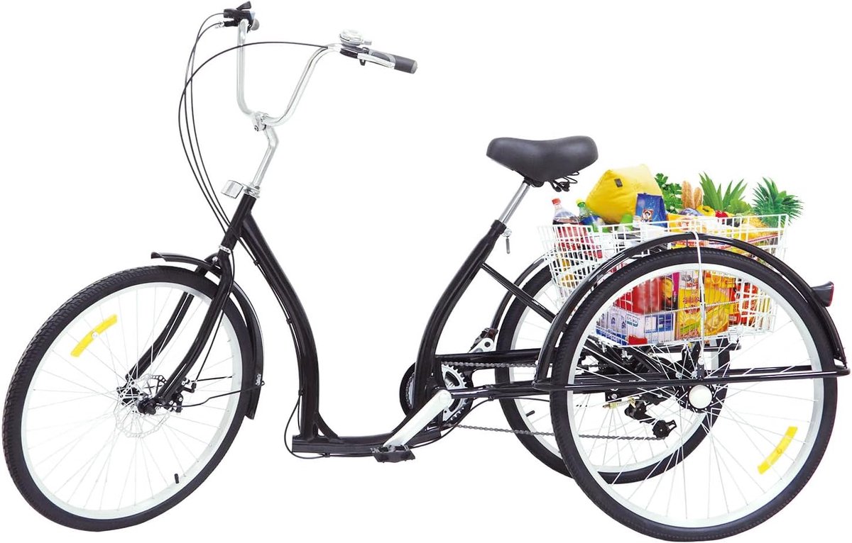 Driewieler voor volwassenen - Comfortabele driewieler - Stadsvervoer boodschappen - Ruime achtermand - 26 inch - Zwart