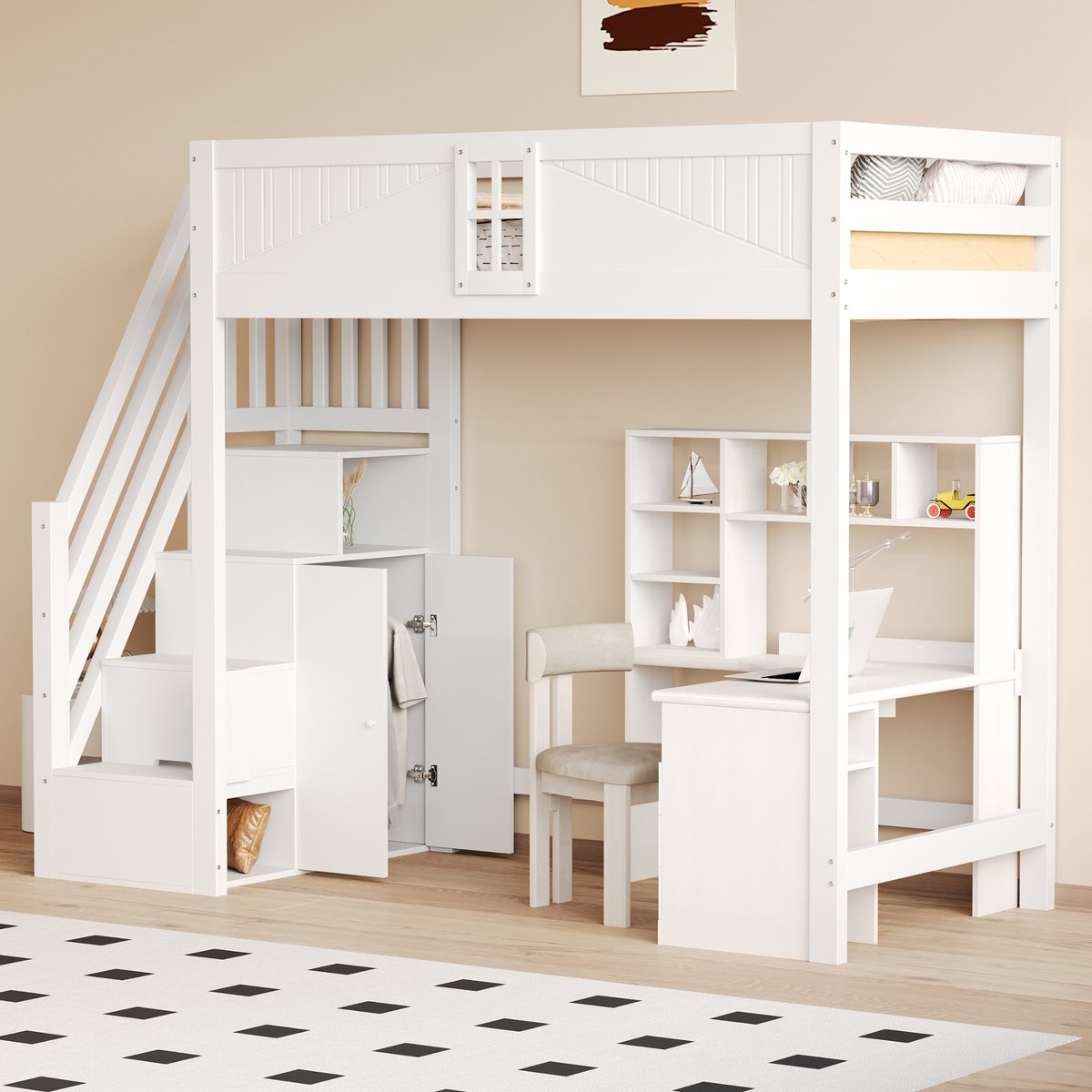Wishdor Hoogslaper – 90 x 200 cm – Veiligheidsdeur met Raam – Opbergladder Links of Rechts Monteerbaar – Hout Wit – Rondom Gesloten Veiligheidsconstructie – Ruimtebesparend voor Kinderkamer – Stevig tot 120 kg