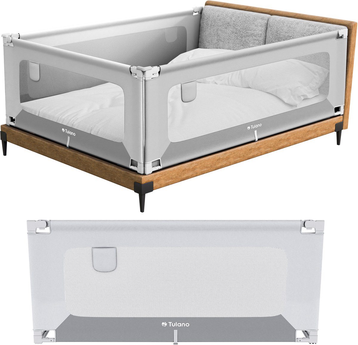 Tulano Cover 46 - 160 cm - Veilig Baby Bedhekje - Uitvalbeschermer Uitvalbeveiliging - Wit/Grijs