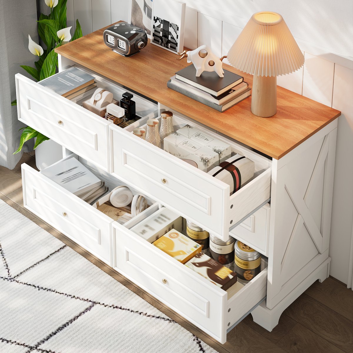 FloraGrace Dressoir - Landelijke Kast Met 6 Lades En Retro Barnpatroon - Opbergkast Voor Woonkamer Eetkamer En Hal - MDF Spaanplaat - Wit - 120x40x76 Cm