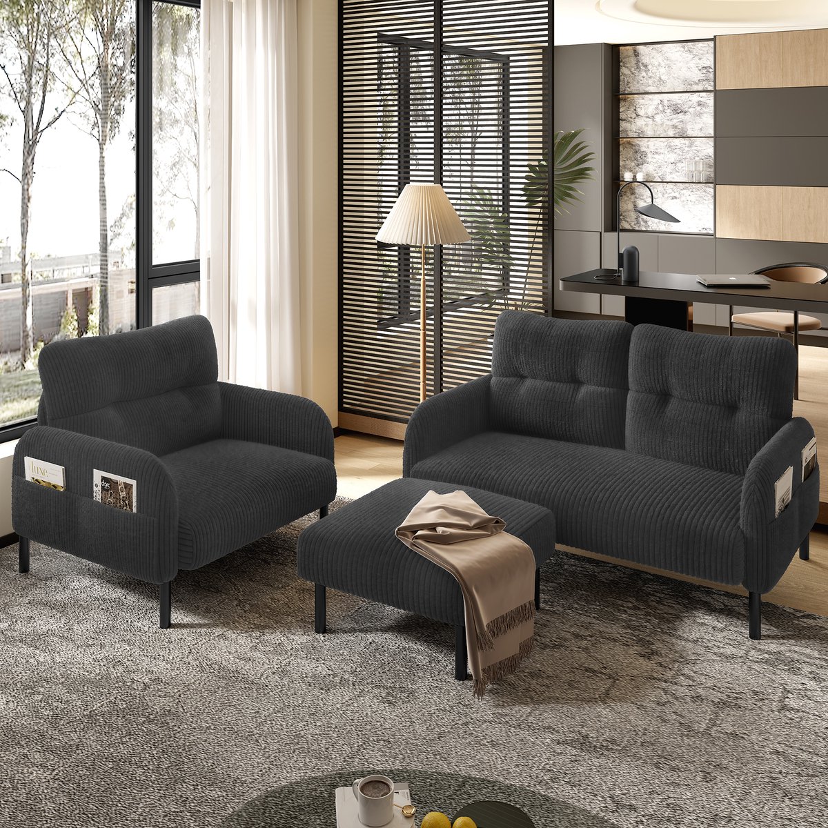 FloraGrace Zitbank Set 3 Delig 120x75x79 Cm - Modulair Met Hocker & Fauteuil Met Zijvak -