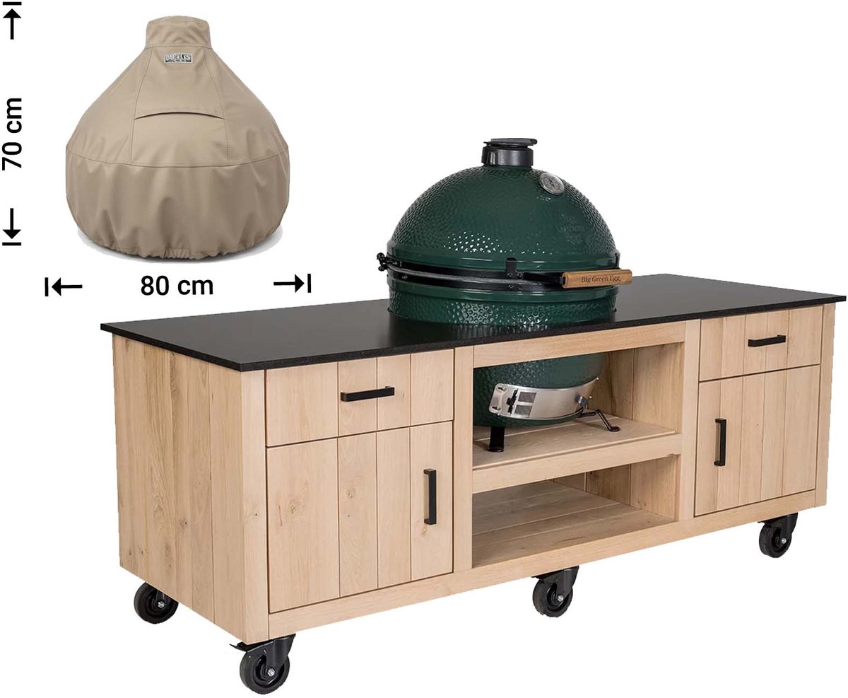 Raffles Covers Big Green Egg / Kamado hoes - 80 x 80 H: 70 cm - RBGE80dome - Waterdicht - Ademend - UV-bestendig - Elastisch rijgkoord - Big Green Egg / Kamado Accessoires - Hoes voor BBQ + Tafel Taupe