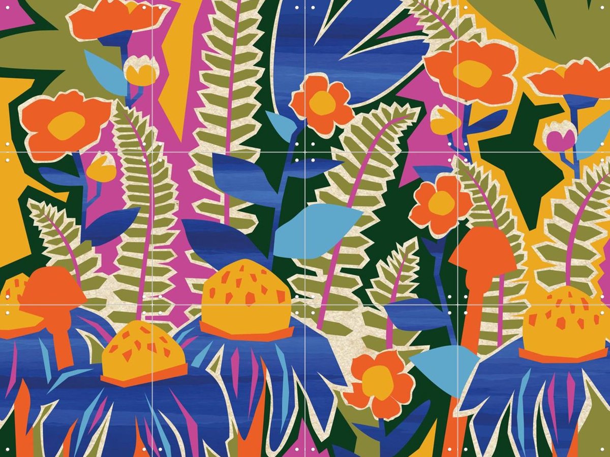 IXXI Ferns And Wildflowers, Megan Gallagher - 80 x 60 cm - Gratis ophangtool - Grote wanddecoratie en posters - Speels, Kleurrijk, Illustraties