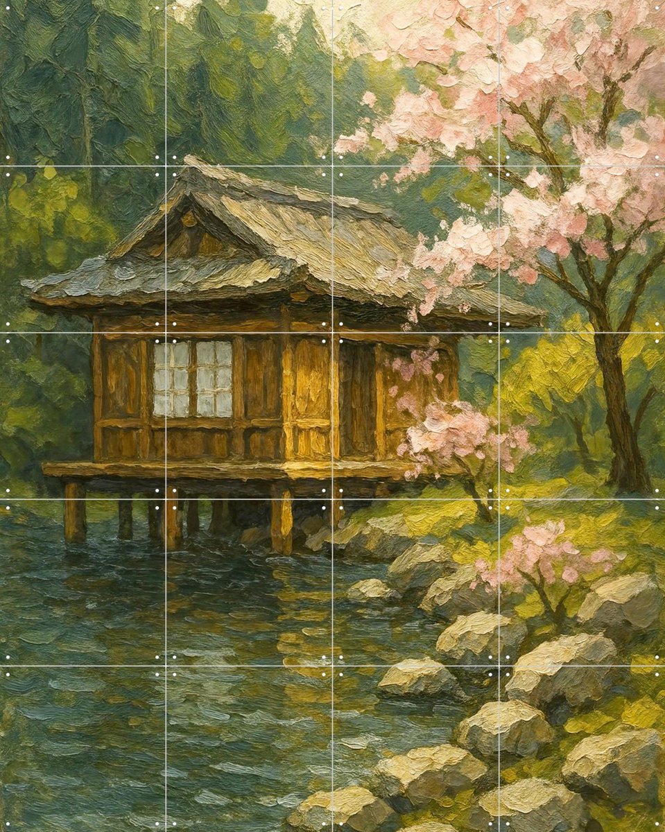 IXXI Kersenbloesem bij Japans Theehuis, Natalie Bruns - 80 x 100 cm - Gratis ophangtool - Grote wanddecoratie en posters - Impressionisme