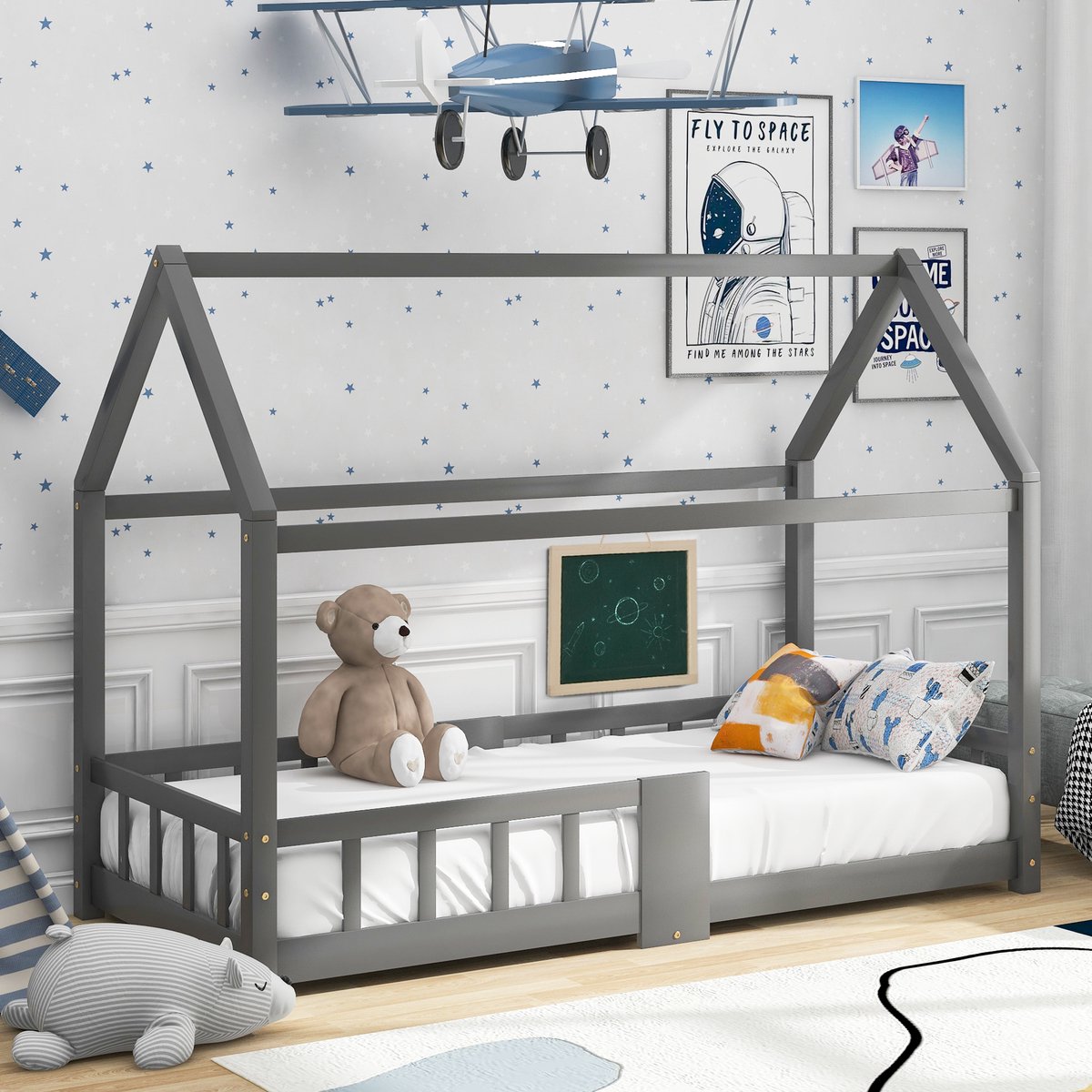 REDOM Kinderbed Huisbed – 90x200 cm – Grijs – Met Schrijfbord (42x35 cm) & 4-Zijdige Uitvalbeveiliging – Massief Grenenhout – 15 Latten