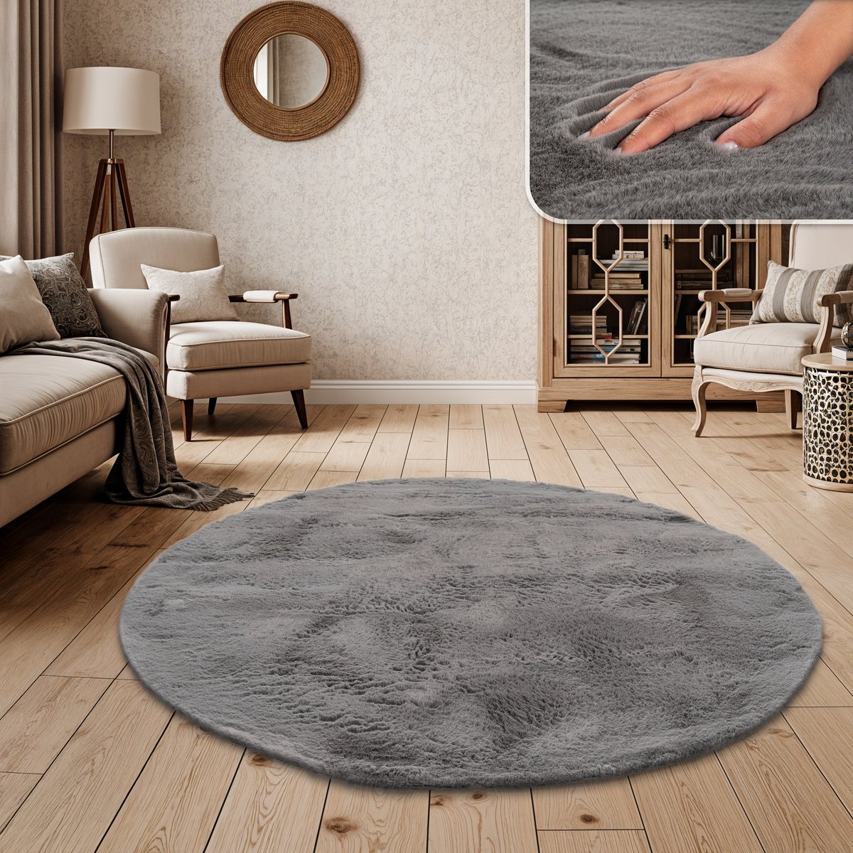 Paco Home Hoogpolig vloerkleed woonkamer kunstvacht superzacht effen 200 cm Rund