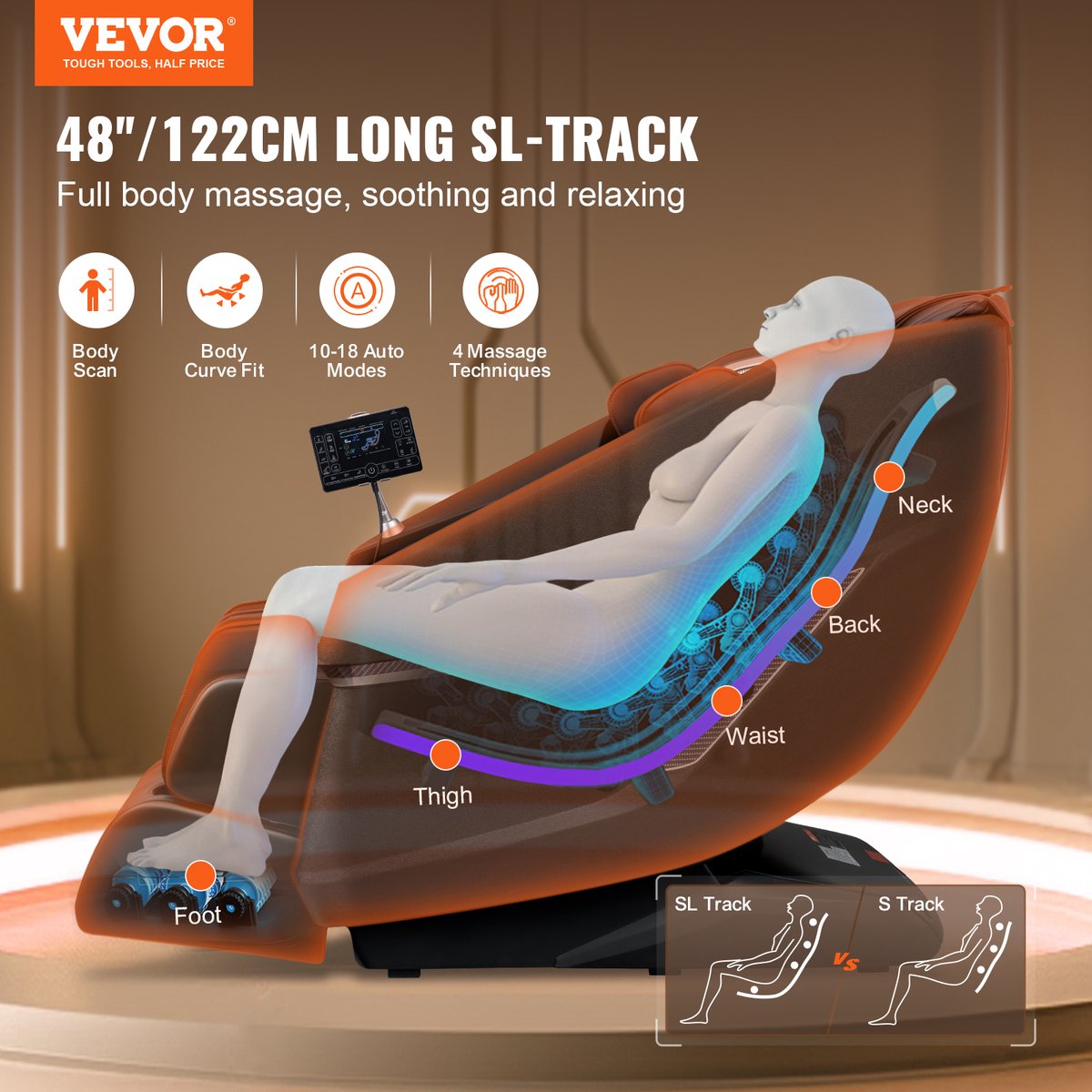 VEVOR Massagestoel met Flexibele SL-Rail, 3D Full Body Shiatsu-Massageapparaat, Zwaartekrachtvrij, 10 Tot 18 Automatische Modi, Verwarming, Bluetooth-Luidspreker, Luchtkussen en Touchscreen 160 KG – foto 4