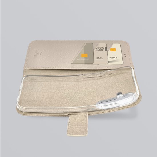 Étui portefeuille beige clair ouvert avec support transparent pour téléphone et pochettes pour cartes.