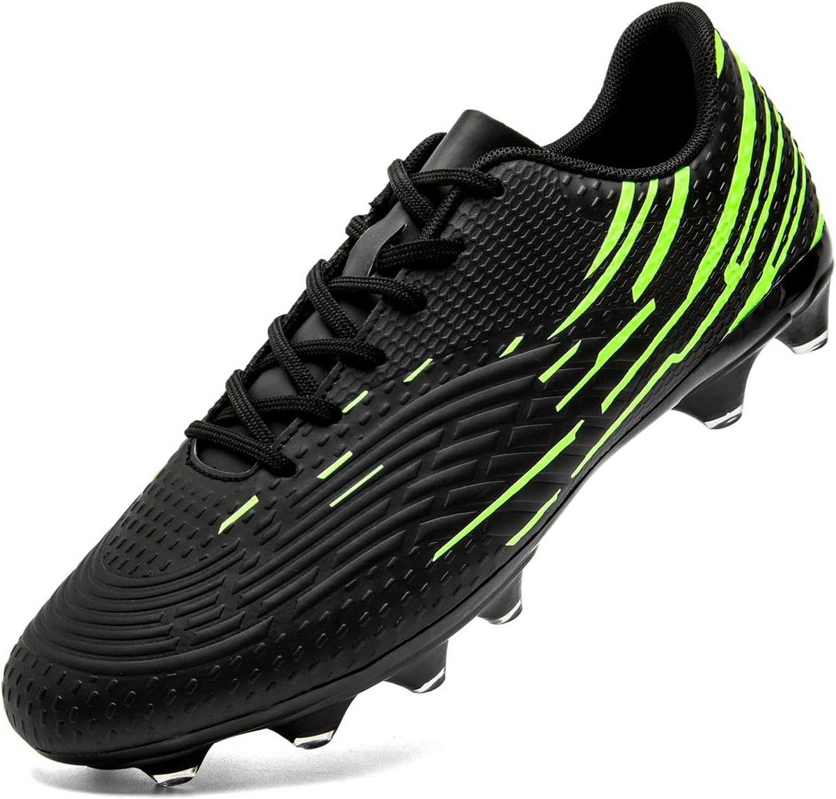 Zwarte voetbalschoenen met groene accenten, hoge noppen voor grip, geschikt voor natuurgras en kunstgras.