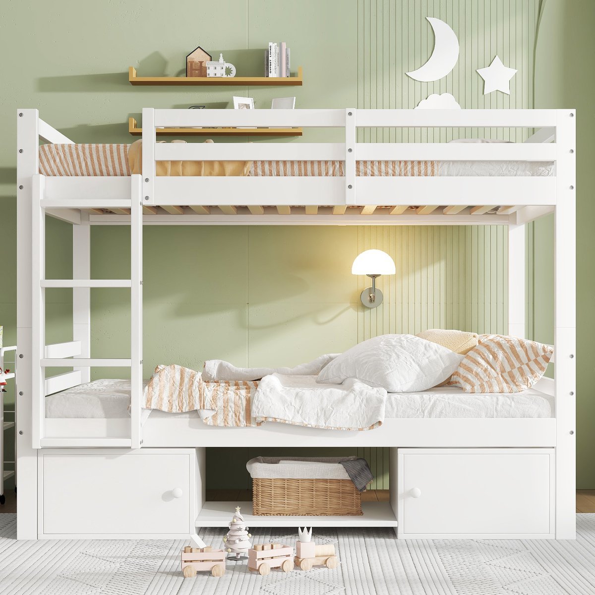 Clruro Stapelbed - 90x200 cm - Deelbaar in 2 Bedden - Met Schoenrek en Kastjes - Hout - Wit