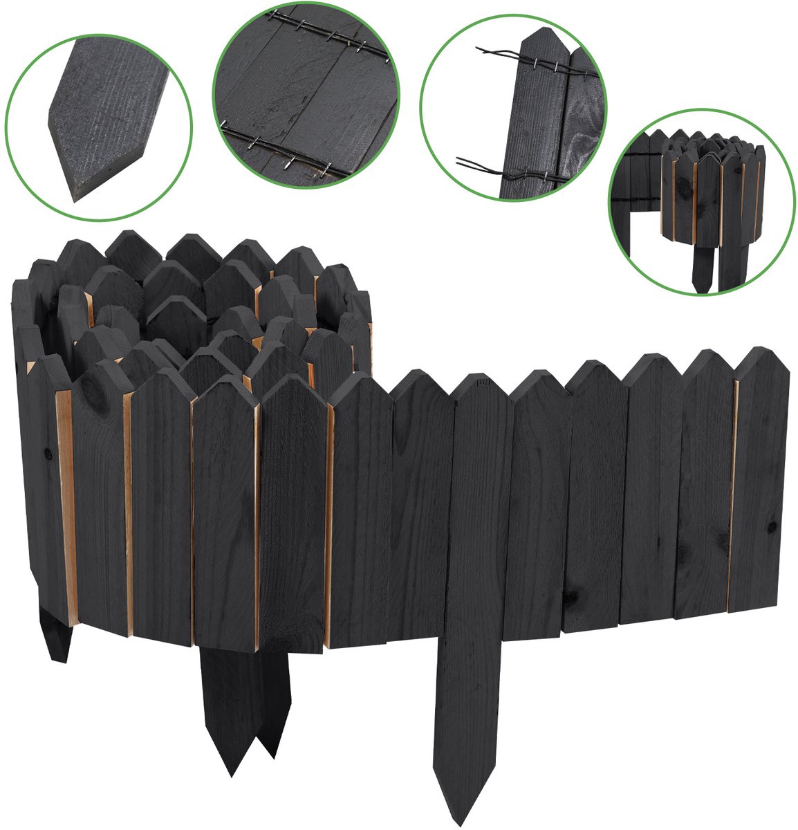 Borderrand Palissade Dennenhout - Rollborder Flexibele houten hek 200 x 20 cm - Dennenhouten Tuinafscheiding Bedrand - Decoratieve Borderranden - Antraciet