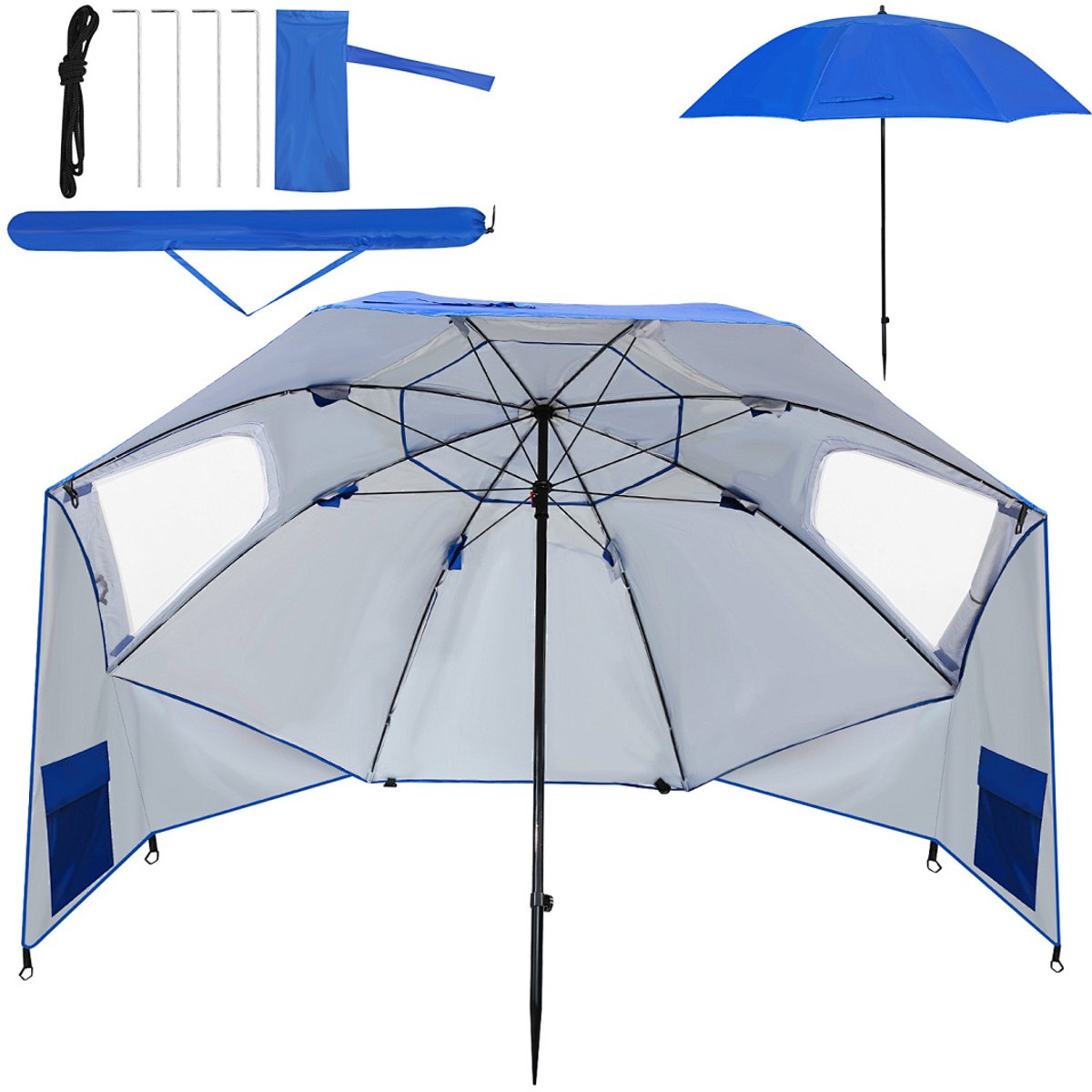 Parasol Strandparasols Stokparasols Balkonparasols Strandscherm Zonnenscherm 210 cm UV-bescherming 50+ Inklapbaar met grondpin, draagtas, waterafstotend, strand, tuin, balkon, parasol, tuinparasol Blauw