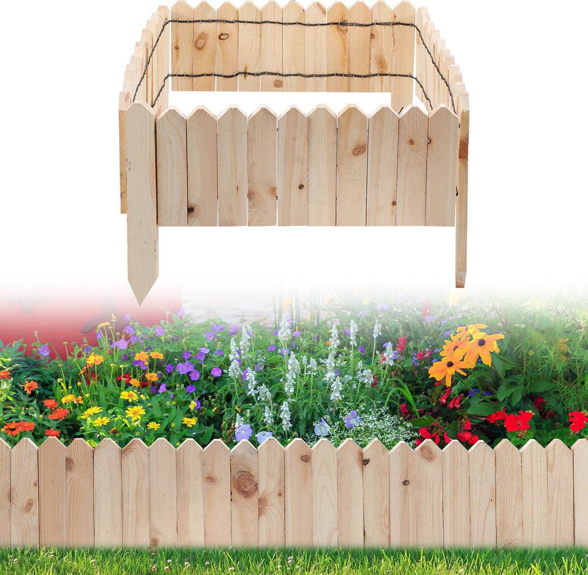 600 x 40 cm Rollborder Flexibele houten hek - Borderrand Palissade Dennenhout - Dennenhouten Tuinafscheiding Bedrand - Decoratieve Borderranden - Natuur Houtkleur