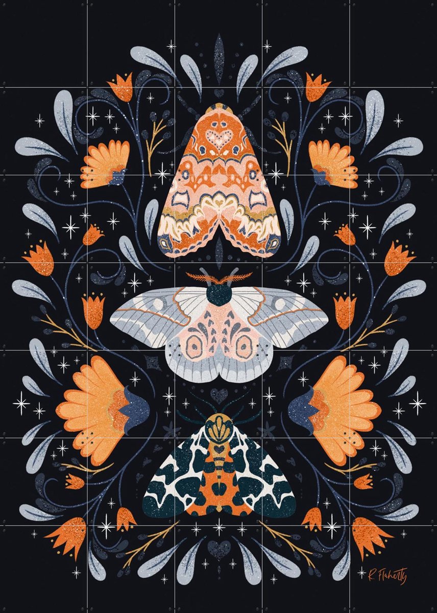 IXXI Floral Moths Black, Rebecca Flaherty - 100 x 140 cm - Gratis ophangtool - Grote wanddecoratie en posters - Illustraties, Kinderkamer, Kinderen