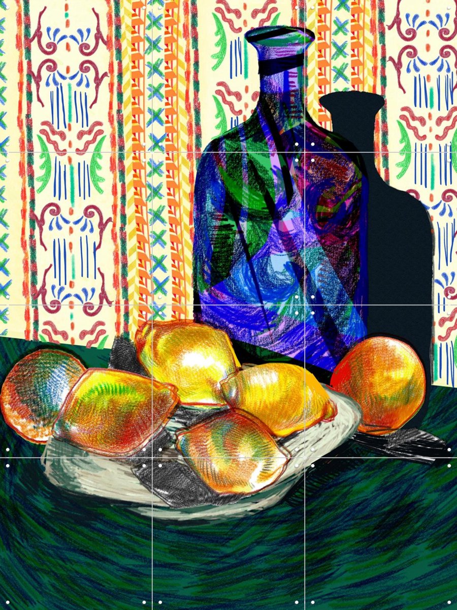 IXXI Carafe and Dish with Citrus Fruits, Marylène Madou & Van Gogh 21st Century - 60 x 80 cm - Gratis ophangtool - Grote wanddecoratie en posters -