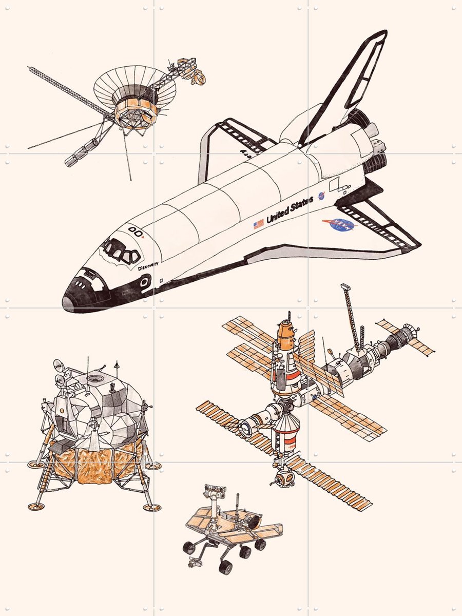 IXXI Spacecrafts, Florent Bodart - 60 x 80 cm - Gratis ophangtool - Grote wanddecoratie en posters - Line art, Illustraties, Technische Tekening