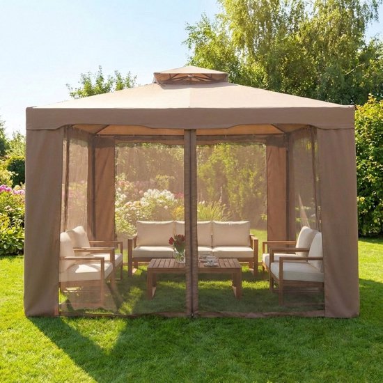 Tuinpaviljoen - Paviljoen - Partytent - Gazebo - 3 x 3 m - 4 Mesh zijwanden - Bruin