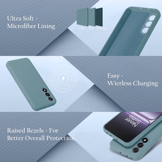 Collage met details van een matgroen telefoonhoesje, inclusief 'Ultra Soft - Microfiber Lining' en 'Easy - Wireless Charging'.