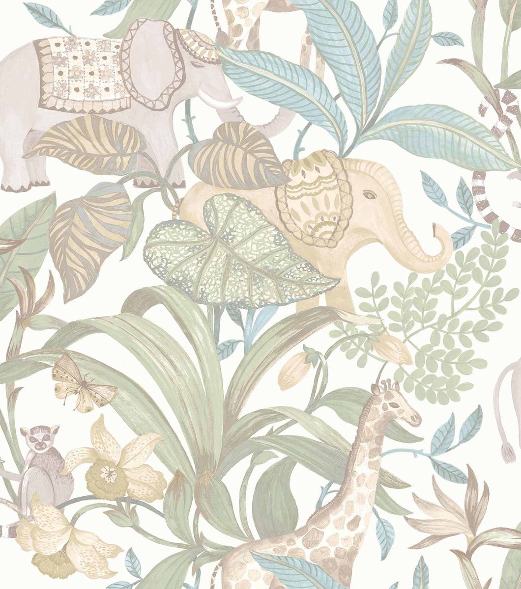 Behang - Kinderkamer – Jungle - Dieren- Blauw - Groen - Wit - Babykamer - Kinderbehang - Olifant - Giraffe - 0,53 x 10,05 M