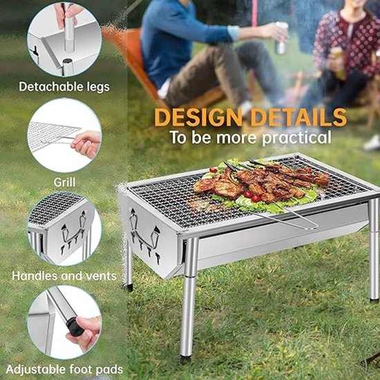 Picknick Barbecue RVS - Draagbare Houtskool Grill 40×28 cm - Camping BBQ met Uitneembaar Rooster en Ventilatiesysteem van Merkloos — afbeelding 3