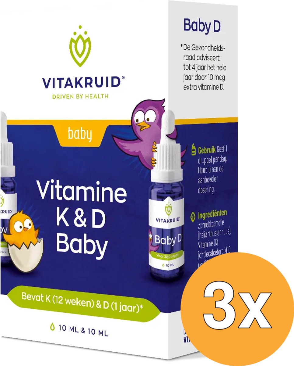 3x Vitakruid Vitamine K en D Baby Druppels (2 x 10 ml)
