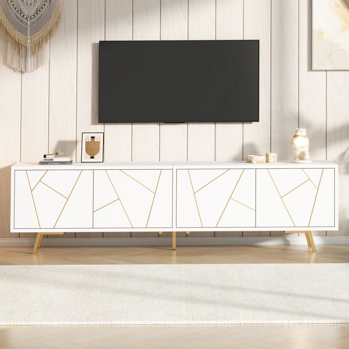 REDOM Tv-Meubel - 4 Deuren En 6 Metalen Poten - Modern - Voor Woonkamer - Spaanplaat - Wit En Goud - 190 X 40 X 51,5 Cm