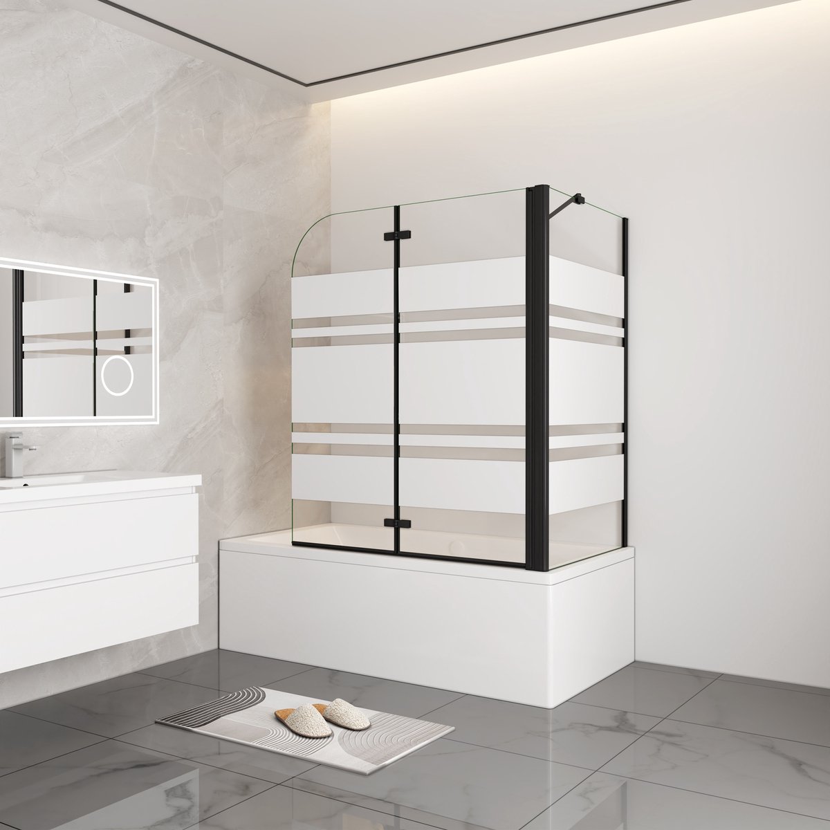Aica modern stijl badwand 2 delig 90x80x140cm inklapbaar 6mm veiligheidsgehard glas-mat zwart-Witte zeefdrukstrepen