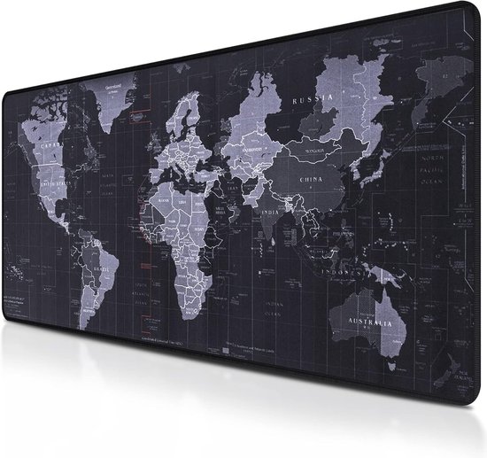 Grote zwarte muismat met een gedetailleerde wereldkaart in grijstinten. De kaart toont continenten, oceanen en landgrenzen.
