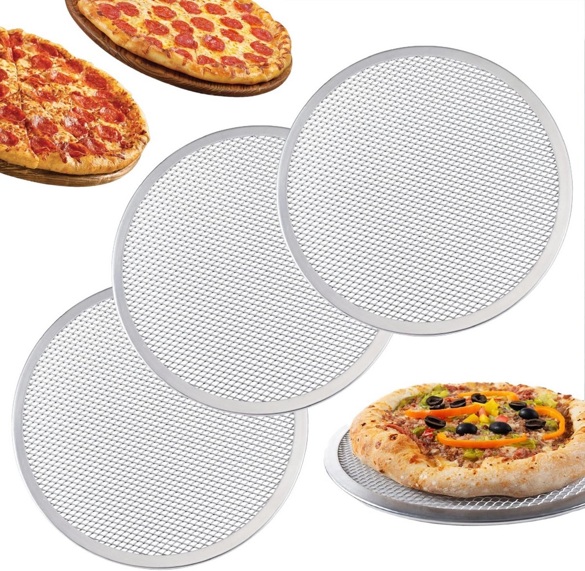 Set van 3 Pizza Schermen 12 Inch - Naadloos Aluminium Gaas Bakplaat