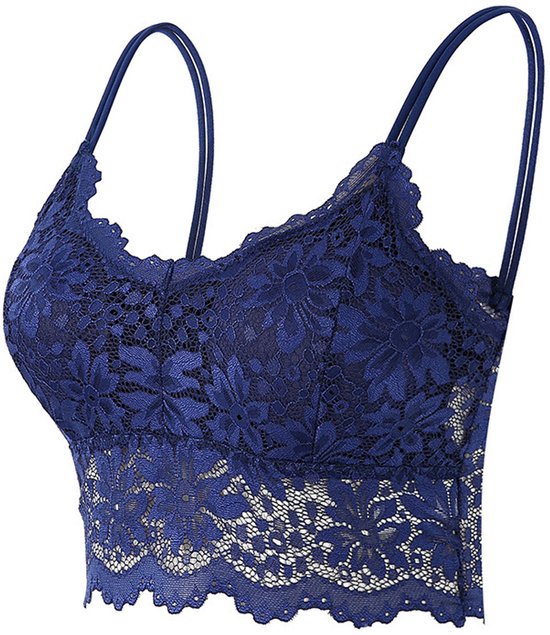 Donkerblauwe kanten bralette met bloemenpatroon, verstelbare bandjes en kanten rand.